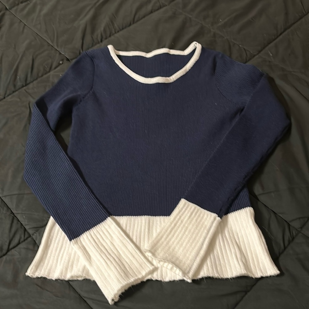 Navy blue sweater with white trim